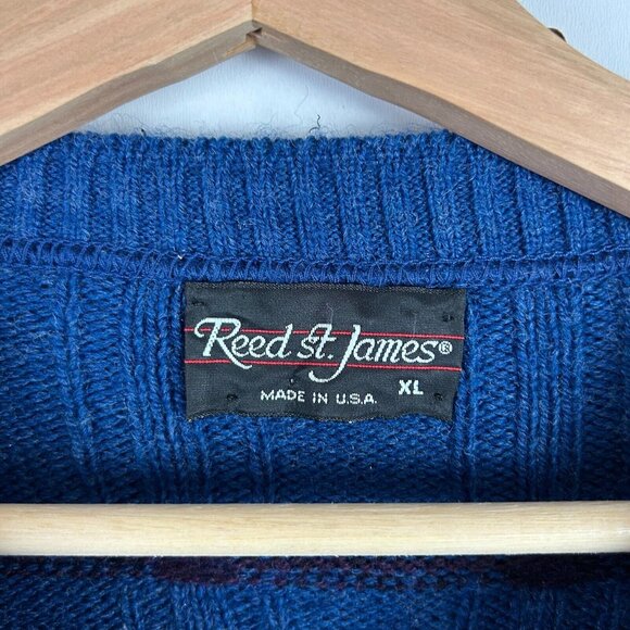 Reed St James Blue Knit Sweater Large Grandpa 90s USA Striped Pattern Chunky - Picture 5 of 6